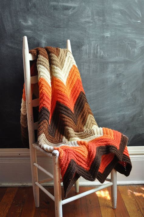 Vintage Afghan Blanket 70s Crocheted Zig Zag Warm Fall Colors