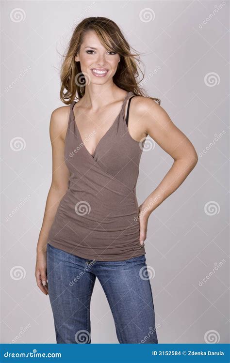 Brunette In Jeans Stock Photo Image Of Happy Laugh Face