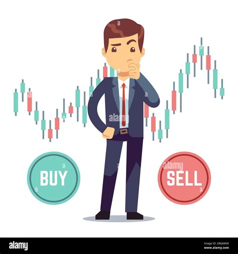 Young Man Trader And Business Candlestick Chart With Buy And Sell