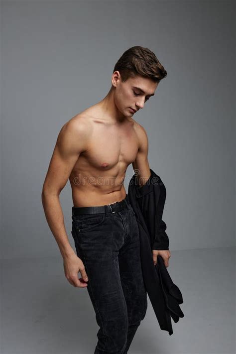Handsome Man Nude Torso Black Pants Fashion Posing Portrait Attractive