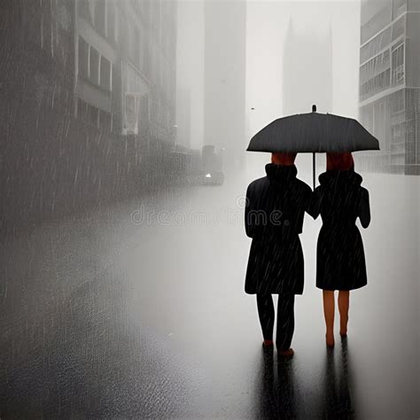 Image Of The Couple Walking Together On The Street During The Pouring Rain Stock Illustration