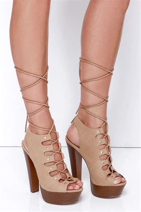 Sexy Tan Heels - Platform Heels - Lace-Up Heels - $32.00