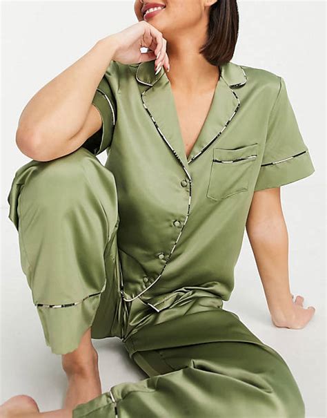 Asos Design Mix And Match Satin Pyjama In Olive Asos