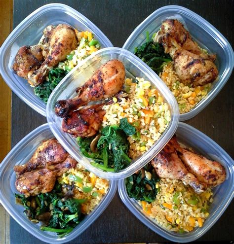 Meal Prep Baked Chicken Brown Rice With Peppers And Sauteed Spinach