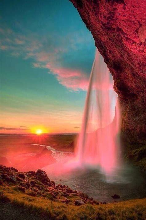 Waterfall Sunset Seljalandsfoss Iceland Beautiful Waterfalls