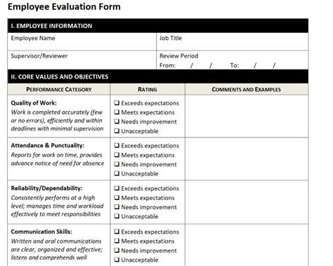 Microsoft Word Printable Employee Performance Evaluation Form Free Download Printable