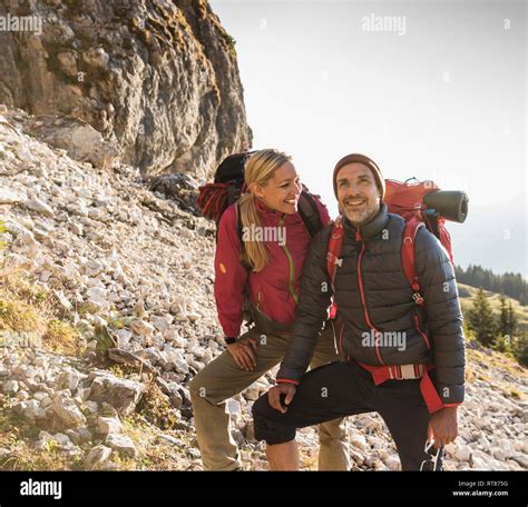 Hiking Couple Admiring Beautiful Nature Stock Photo Alamy