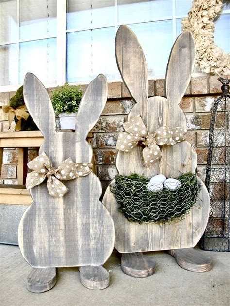 Easter Rabbit Set Of 2 Decor Wooden Rabbitsbunny Statues Easter Wood