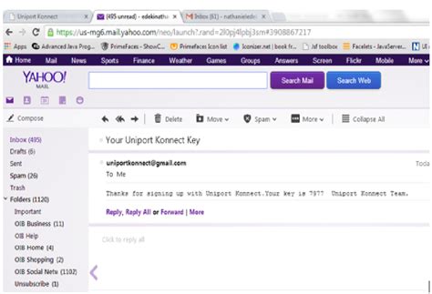 Yahoo Mail Message Showing Content Of Validation Mail Sent From Uniport