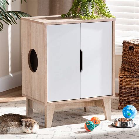 Eliminates tracking and is virtually. Romy Oak and White 2-Door Wood Cat Litter Box Cover House ...