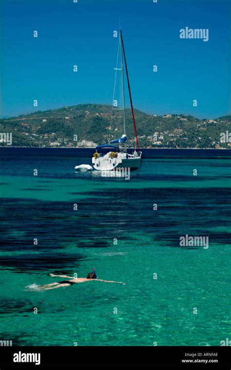 Sailing Boat Anchored Off Skiathos Greece Near Argos Island Stock Photo