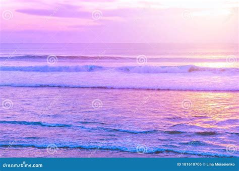 Lilac Sunset With Palm Leaves And Blurry Silhouettes Of People On The