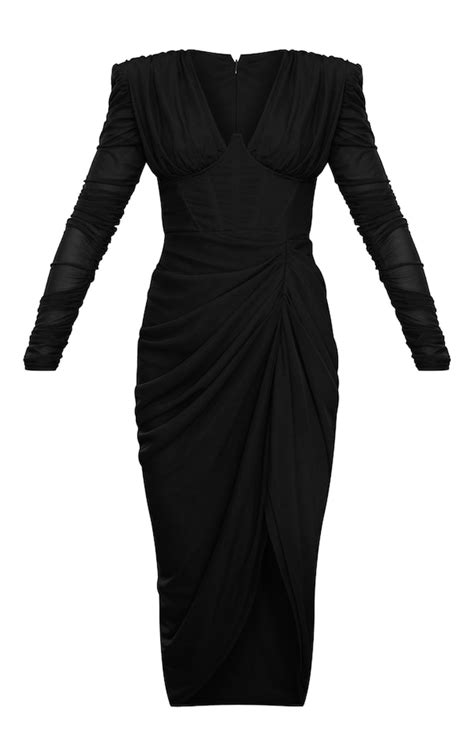 Black Mesh Ruched Long Sleeve Draped Midi Dress Prettylittlething Ca