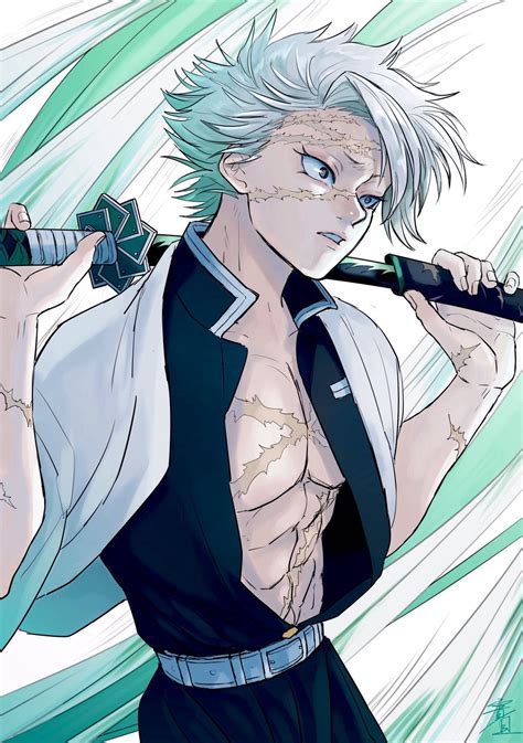 An Anime Character With White Hair And Blue Eyes Holding A Baseball Bat