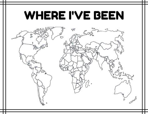 Where I Ve Been A Blank Map Of The World Outline Colorable Maps Printable Digital Print