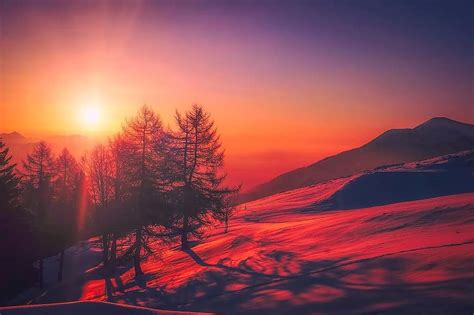 Italy Sunrise Sky Clouds Beautiful Mountains Snow Winter Trees