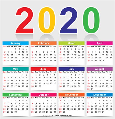 Free Colorful 2020 Calendar Vector