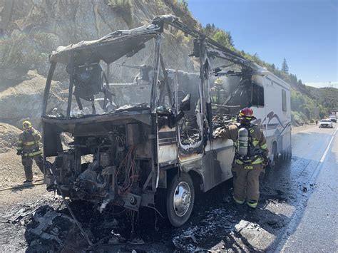 RV catches fire in Parley’s Canyon; passing driver rear-ends fire truck