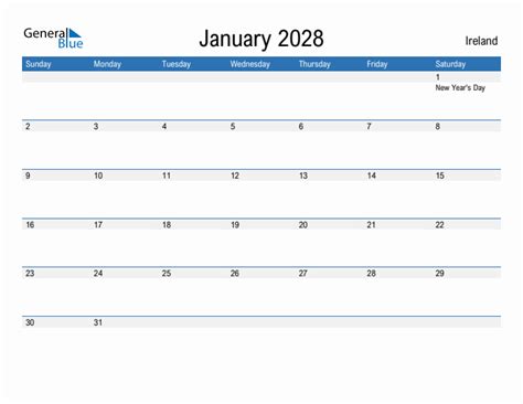 Editable January 2028 Calendar With Ireland Holidays