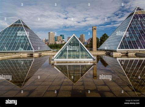 The Muttart Conservatory Pyramids And The City Skyline Of Edmonton