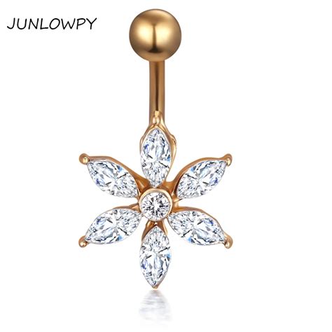 Junlowpy 20pcs Navel Piercing Belly Button Ring Jeweled 5 Zircon Flower Gold Cute Bell Bar 14g