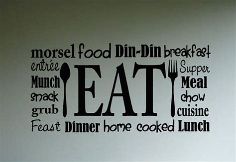 a wall decal with the words eat on it in different languages including forks and spoons