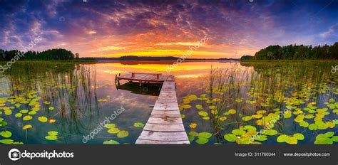 Beautiful Summer Sunrise Over Lake Panorama Stock Photo By ©kwasny222