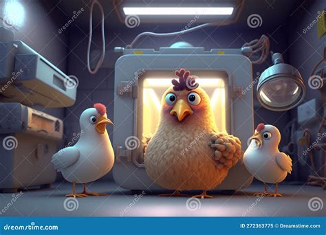 Three Silly Chickens Standing Clueless In A Laboratory Stock