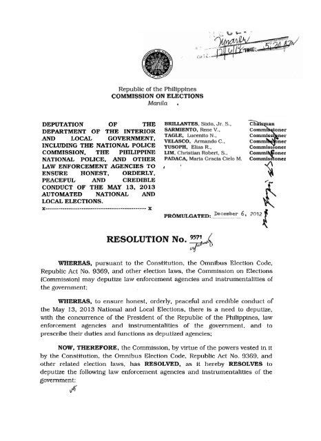Comelec Resolution No 9571 Pnp Directorate For Operations