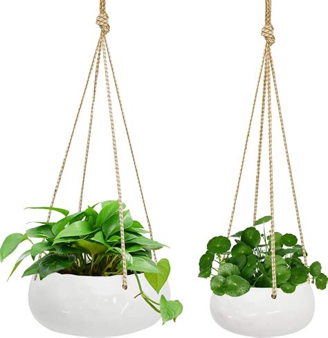 2 Pack Ceramic Hanging Planters Modern White Hanging Plant Holder