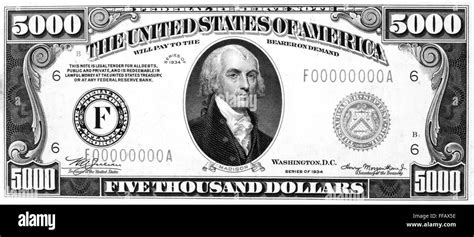 Currency 5000 Dollar Bill Npresident James Madison On The Front Of