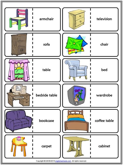 Furniture Vocabulary Esl Printable Dominoes Game For Kids Pdf