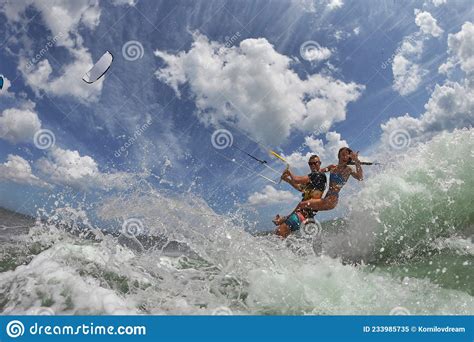 Lovely Couple Up On One Kite Board Stock Image Image Of Decline