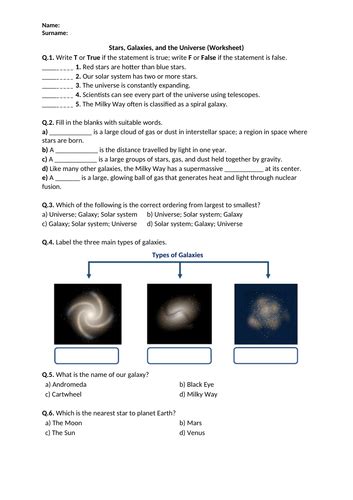 Stars Galaxies And The Universe Worksheet Printable And Distance