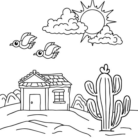 desenho vetorial para colorir página paisagem do deserto para criança