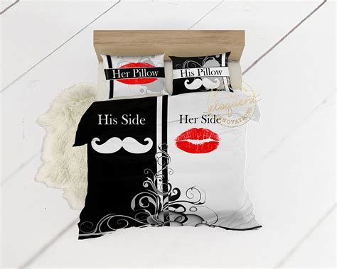 Canopy, poster, slat, sleigh, platform, upholstered & more. His and Hers Bedding Set with Mustache and Red Lips, His ...