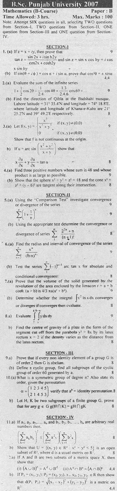 B Sc Mathematics Punjab University Past Papers Ratta Pk