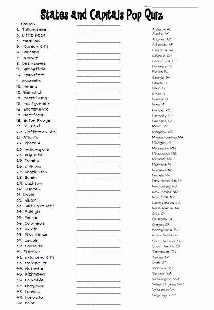 50 States And Capitals Matching Worksheet