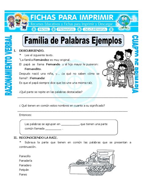 Ficha Familia De Palabras Ejemplos Para Cuarto De Primaria Pdf Ocio