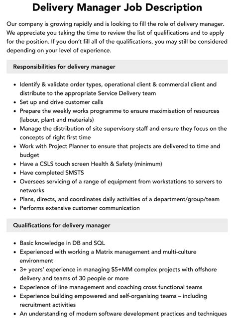 Delivery Manager Job Description Velvet Jobs