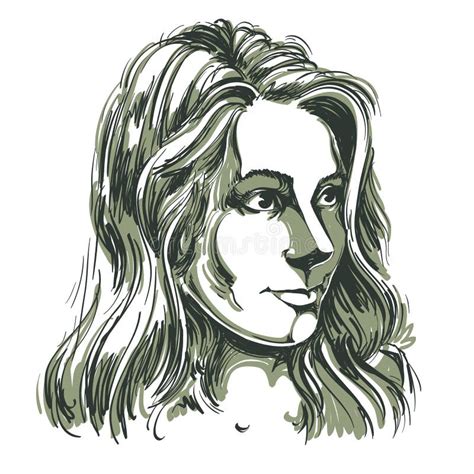 Vector Portrait Of Attractive Caucasian Woman With Long Wavy Hair