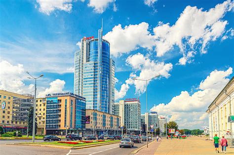 Minsk Belarus July 26 2020 Skyscrapers On Pobediteley Peramohi