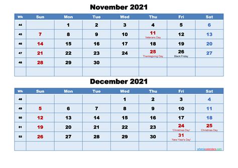 November And December 2021 Calendar With Holidays Free Printable 2021