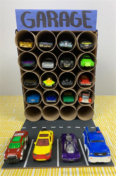 Open out the cardboard and cut 3 inches off the upper center flap. DIY Toy Car Storage - Cardboard Parking Garage - Messy ...