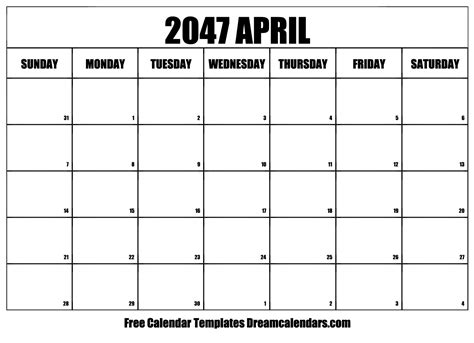 April 2047 Calendar Free Blank Printable With Holidays