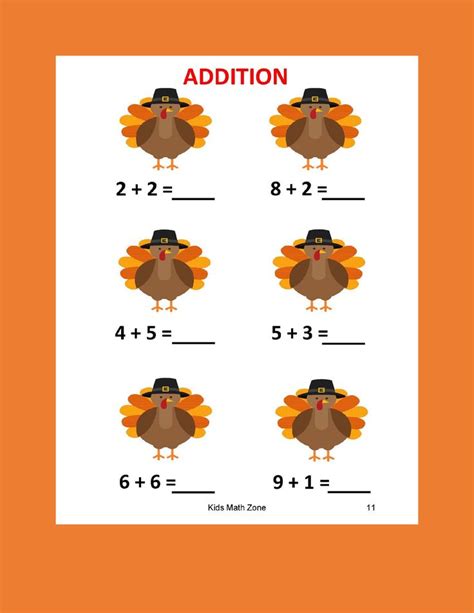 Turkey Addition 12 Worksheets Preschool Kindergarten Thanksgiving