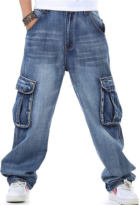 Ruiatoo Mens Baggy Jeans Loose Hip Hop Denim Work Pants Button Fly Jeans With Cargo Pockets 34