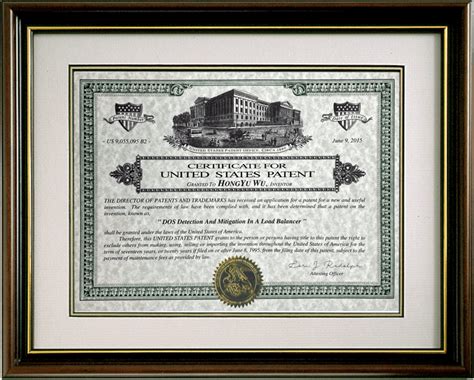 Framed Patent Certificate Mounted Certificate Us Patent Services Llc