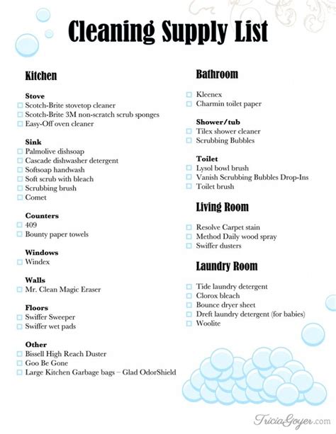 Cleaning Supplies List Printable Room