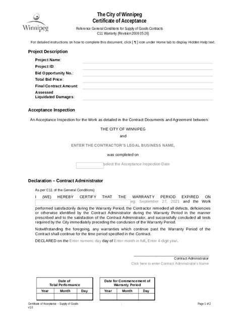 Certificate Of Acceptance Goods Template Doc Template Pdffiller